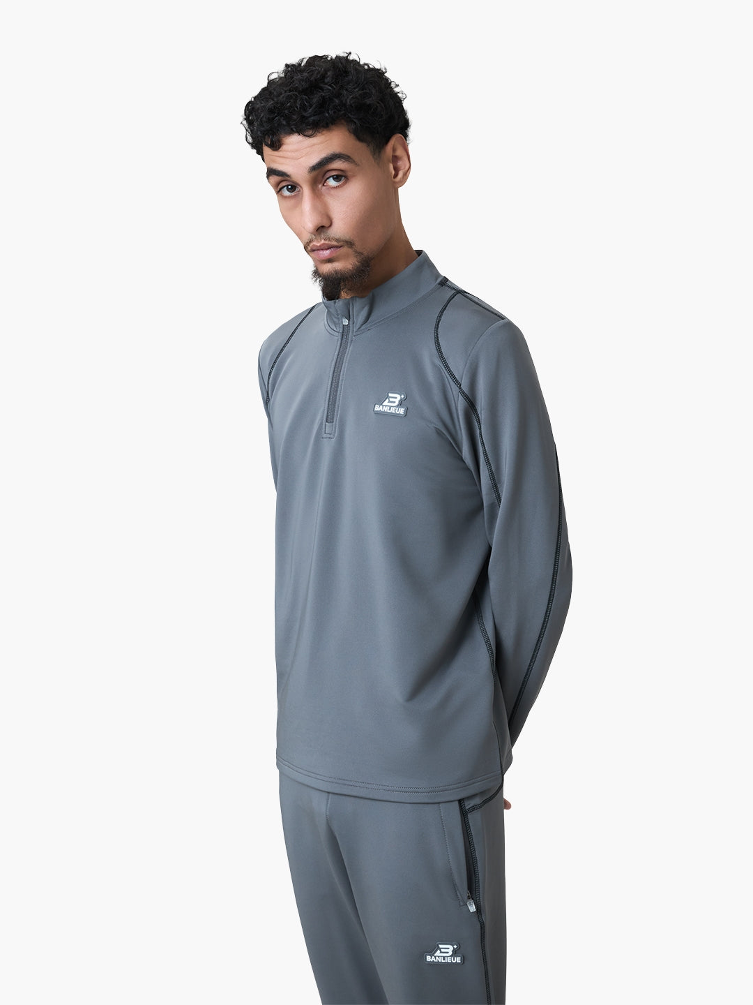 CONTRAST STITCH HALFZIP TOP | GREY / BLACK