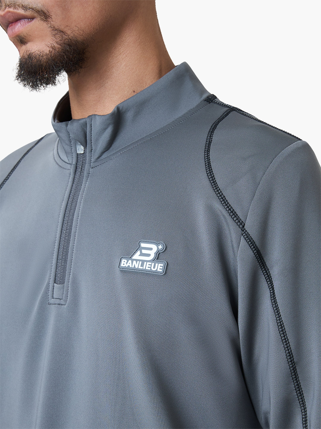 CONTRAST STITCH HALFZIP TOP | GREY / BLACK