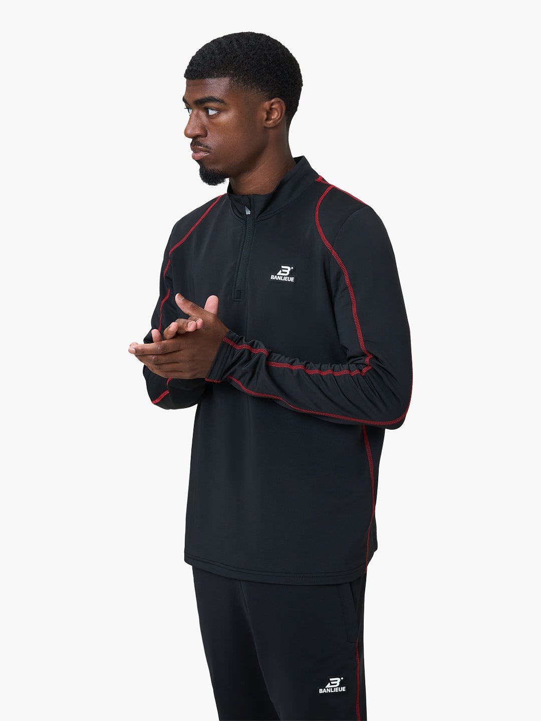 CONTRAST STITCH HALFZIP TOP | BLACK / RED