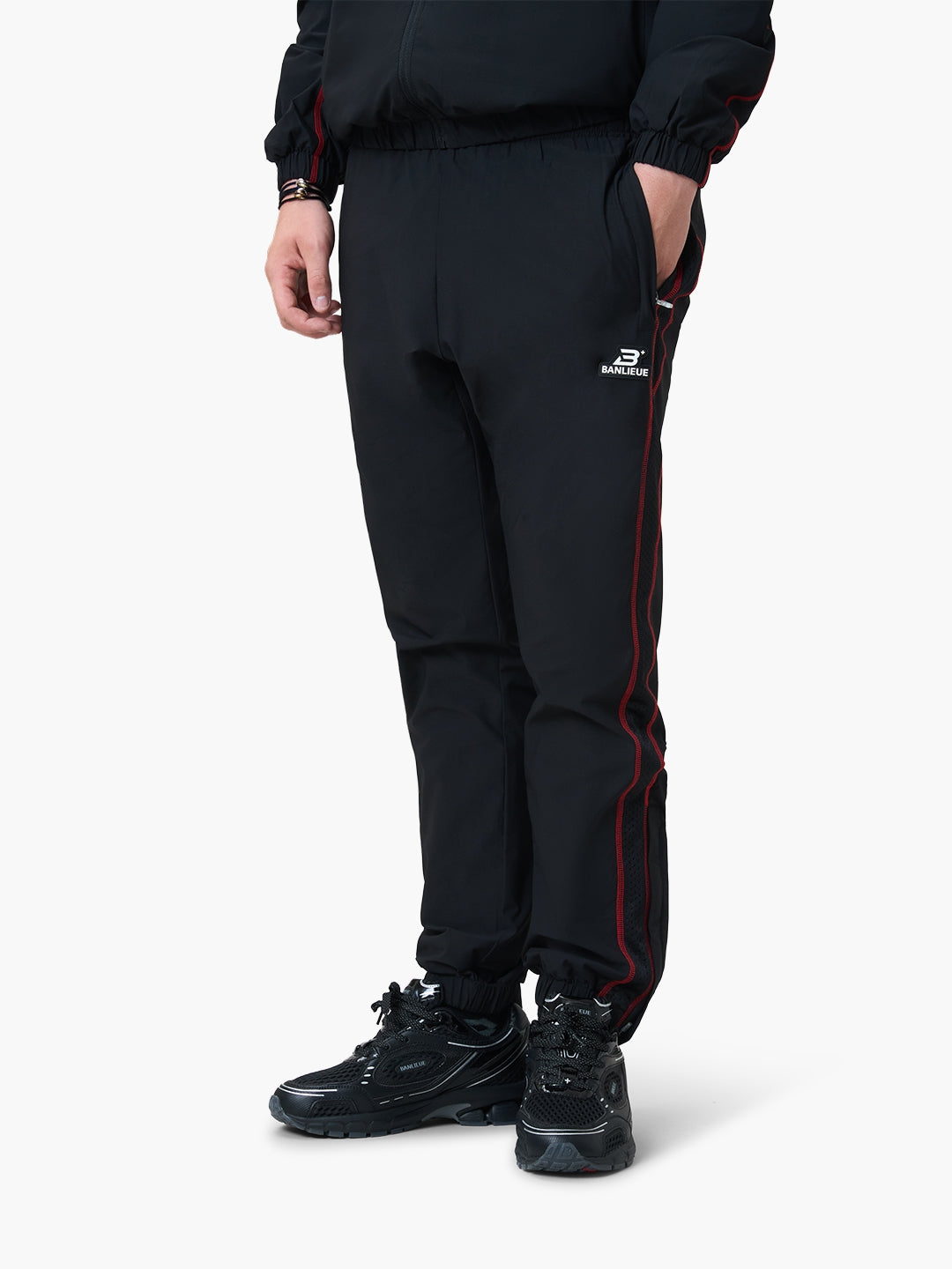 CONTRAST STITCH RETRO TRACKPANTS | BLACK / RED