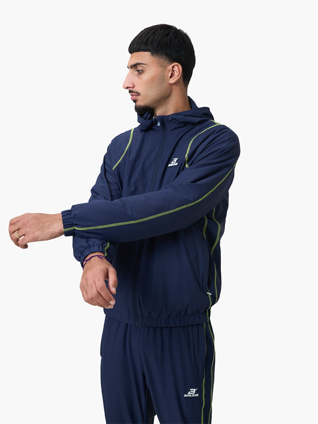 CONTRAST STITCH RETRO HOODED TRACKTOP | NAVY / LIME