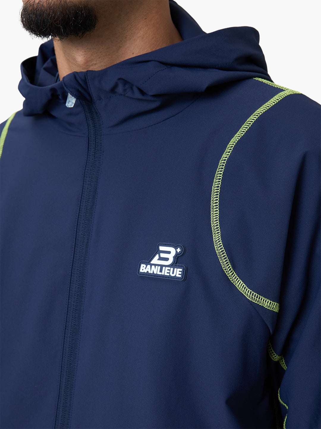 CONTRAST STITCH RETRO HOODED TRACKTOP | NAVY / LIME