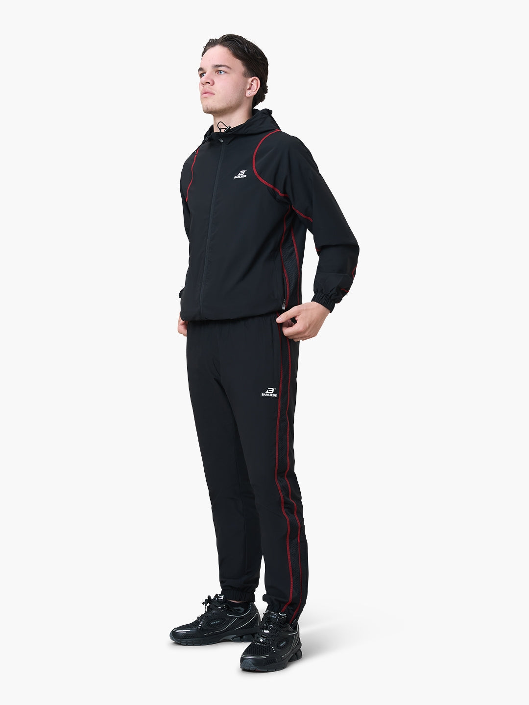 CONTRAST STITCH RETRO HOODED TRACKTOP | BLACK / RED