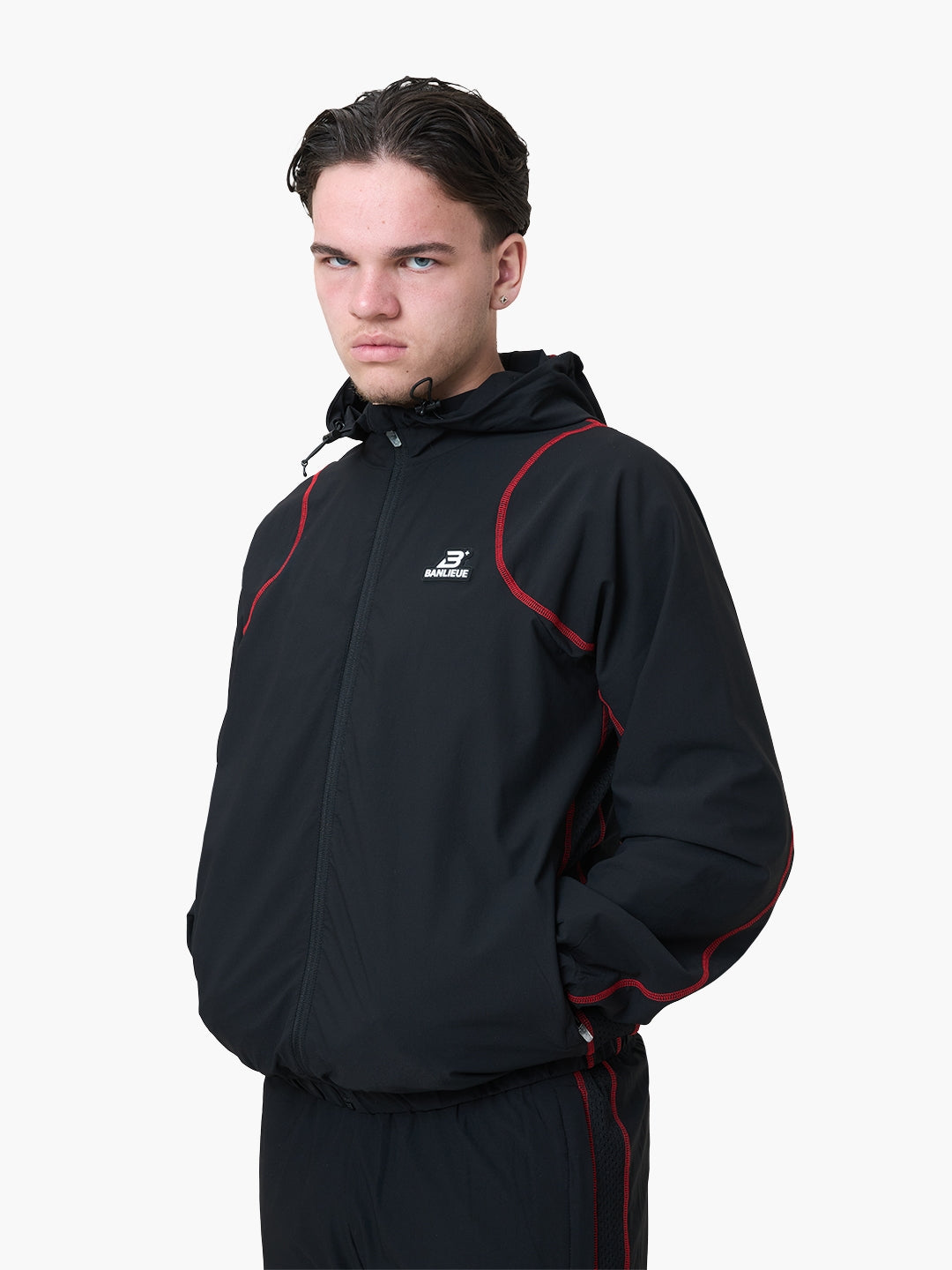 CONTRAST STITCH RETRO HOODED TRACKTOP | BLACK / RED