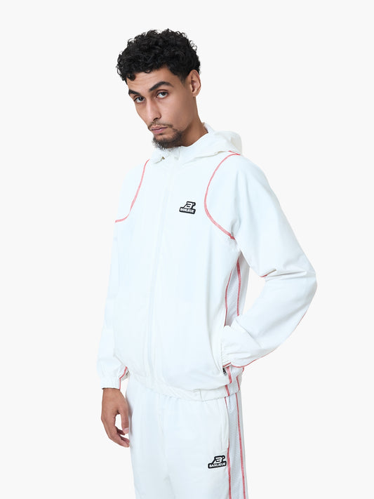 CONTRAST STITCH RETRO HOODED TRACKTOP | WHITE / RED