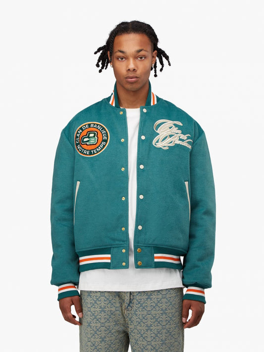 NOTRE TEMPS VARSITY JACKET | EVERGREEN / FLAME ORANGE
